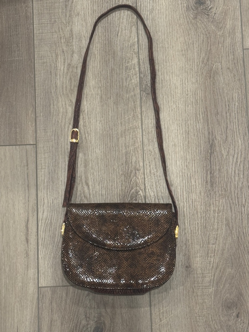 Brown Textured Crossbody Shoulder Bag with Gold Accents